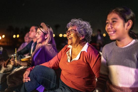 A group of people sitting outside at a concert